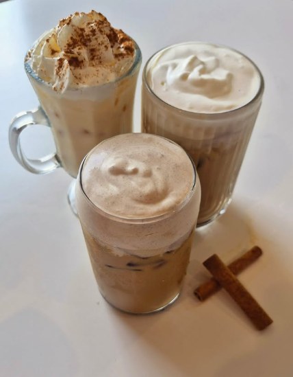 Pumpkin spice, pecan pie, and apple chai lattes